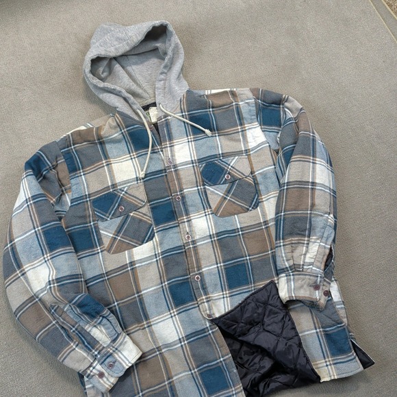Vintage Ozark Trail Hooded Flannel 90s Shirt Jacket Large Men Blue Plaid Quilted — photo 2